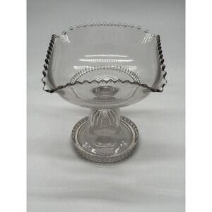 Antique EAPG Clear Glass Square Pedestal Compote Scalloped Crimped Rim 7.5in